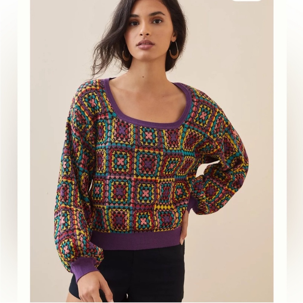 FARM Rio Multicolor Crochet Square Knit Sweater - Purple Trim